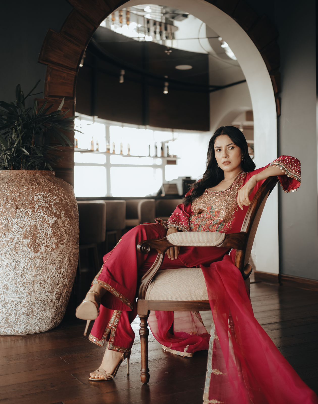 Shehnaz Gill Jester Red Yoke Boota Kurta set