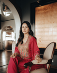 Shehnaz Gill Jester Red Yoke Boota Kurta set