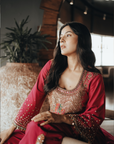 Shehnaz Gill Jester Red Yoke Boota Kurta set