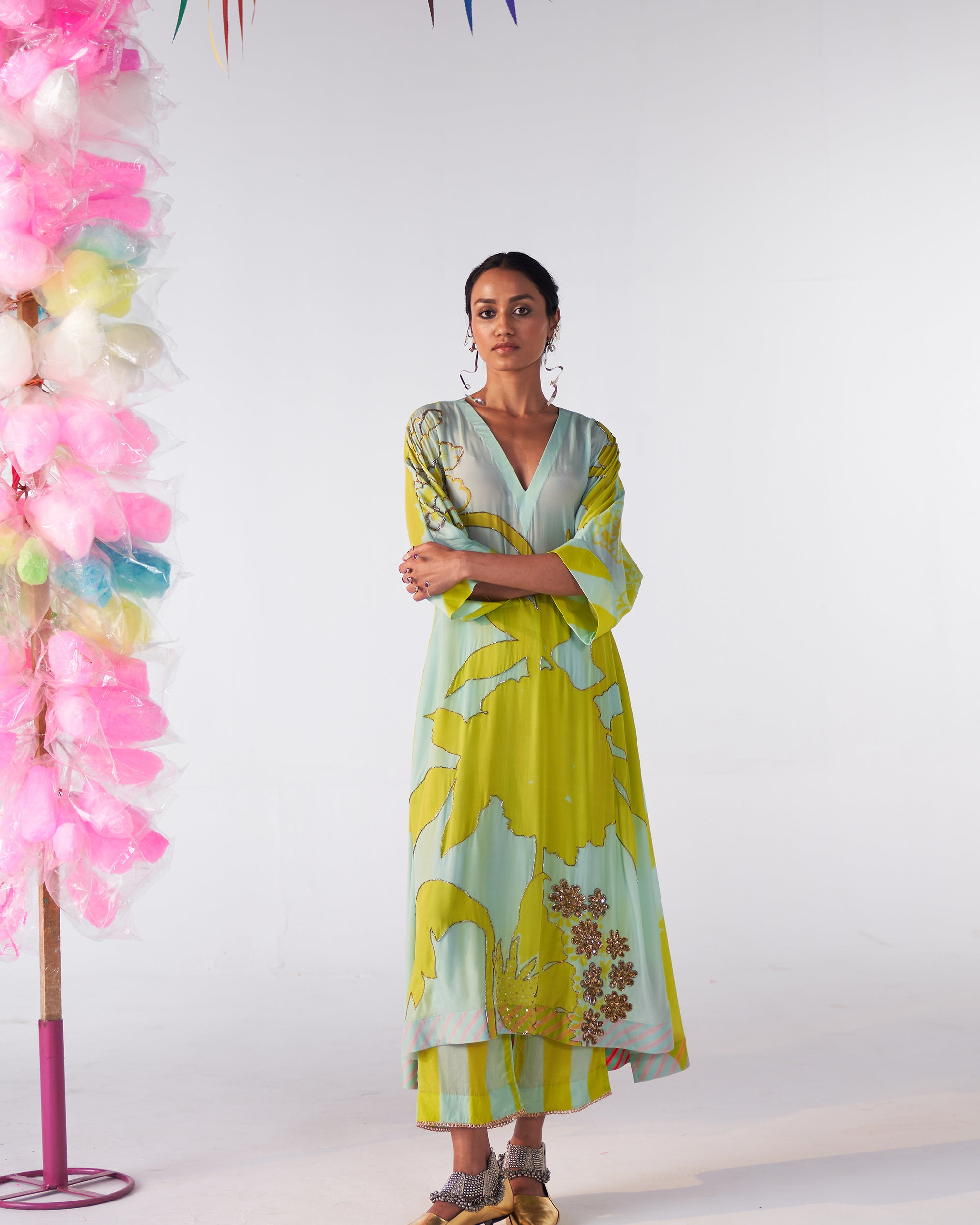 Sakhi Powder Blue- Bright Lime Highlight Kaftan Kurta Set