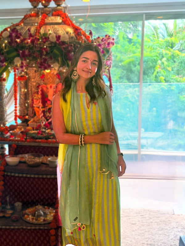 Alia Bhatt Stripe Embroidered A-Line Kurta Set