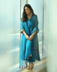 Yami Gautam Teal Blue Silk Booti Kaftan Kurta Set