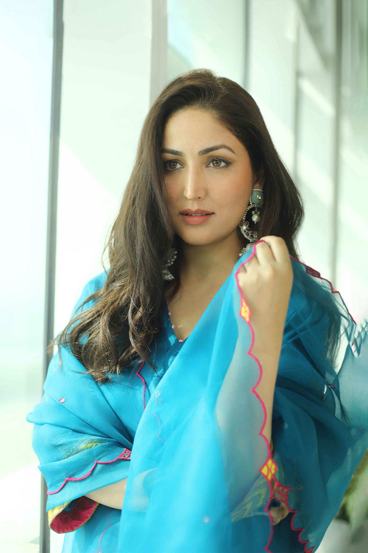 Yami Gautam Teal Blue Silk Booti Kaftan Kurta Set