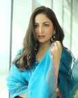 Yami Gautam Teal Blue Silk Booti Kaftan Kurta Set