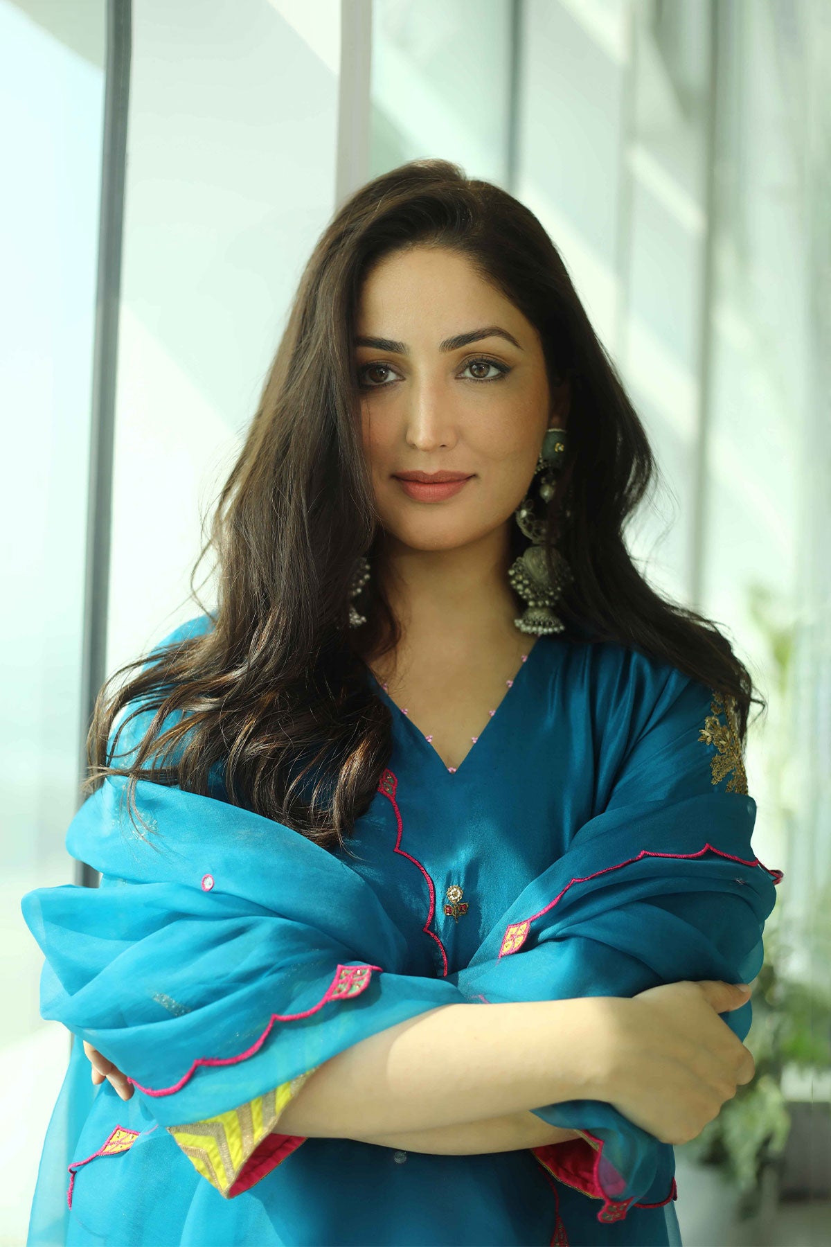 Yami Gautam Teal Blue Silk Booti Kaftan Kurta Set