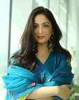 Yami Gautam Teal Blue Silk Booti Kaftan Kurta Set