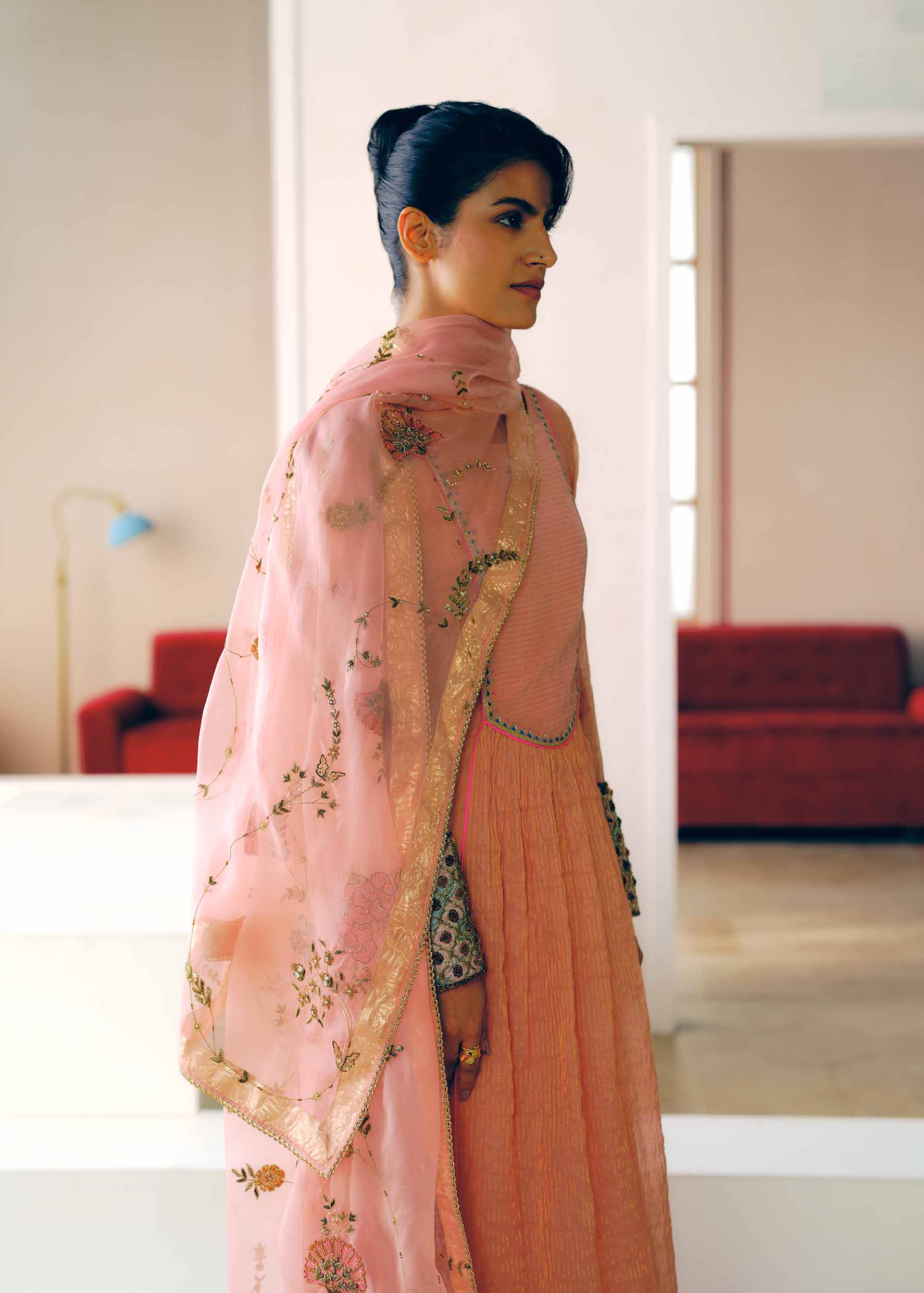 Zyra Rose Pink Stripe Chanderi Front Puckering Kurta Set