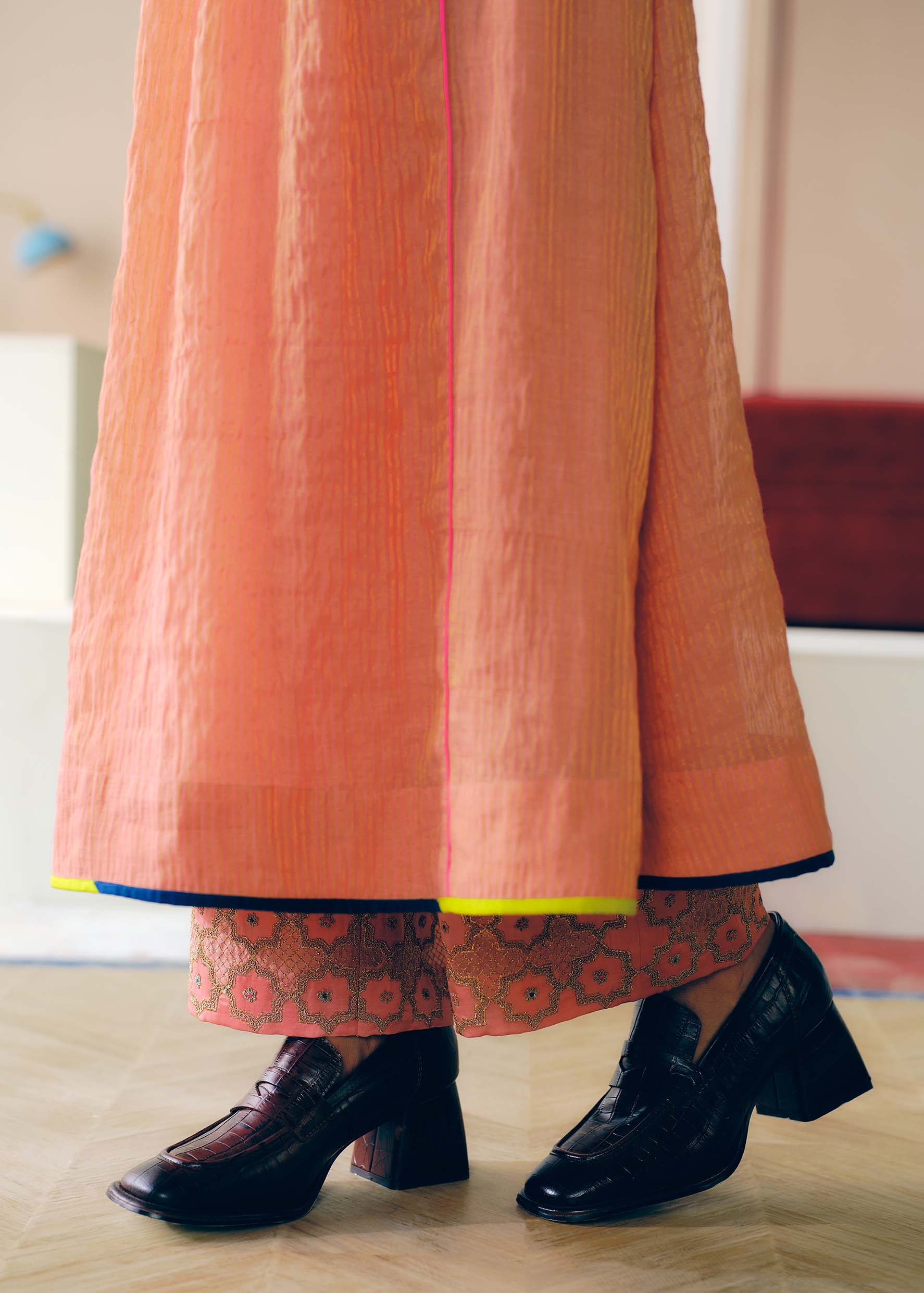 Zyra Rose Pink Stripe Chanderi Front Puckering Kurta Set