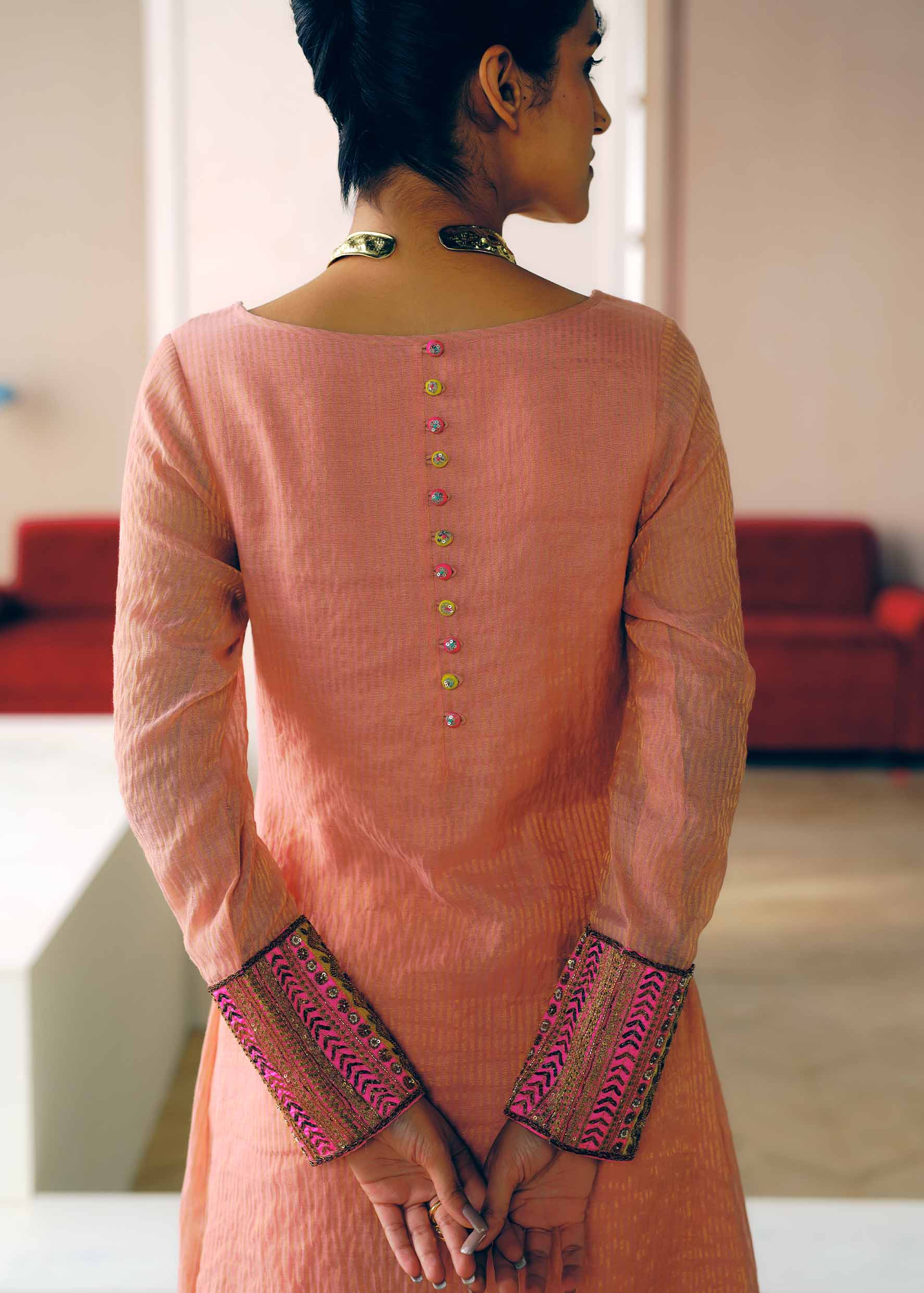 Zyra Rose Pink Stripe Chanderi Front Puckering Kurta Set