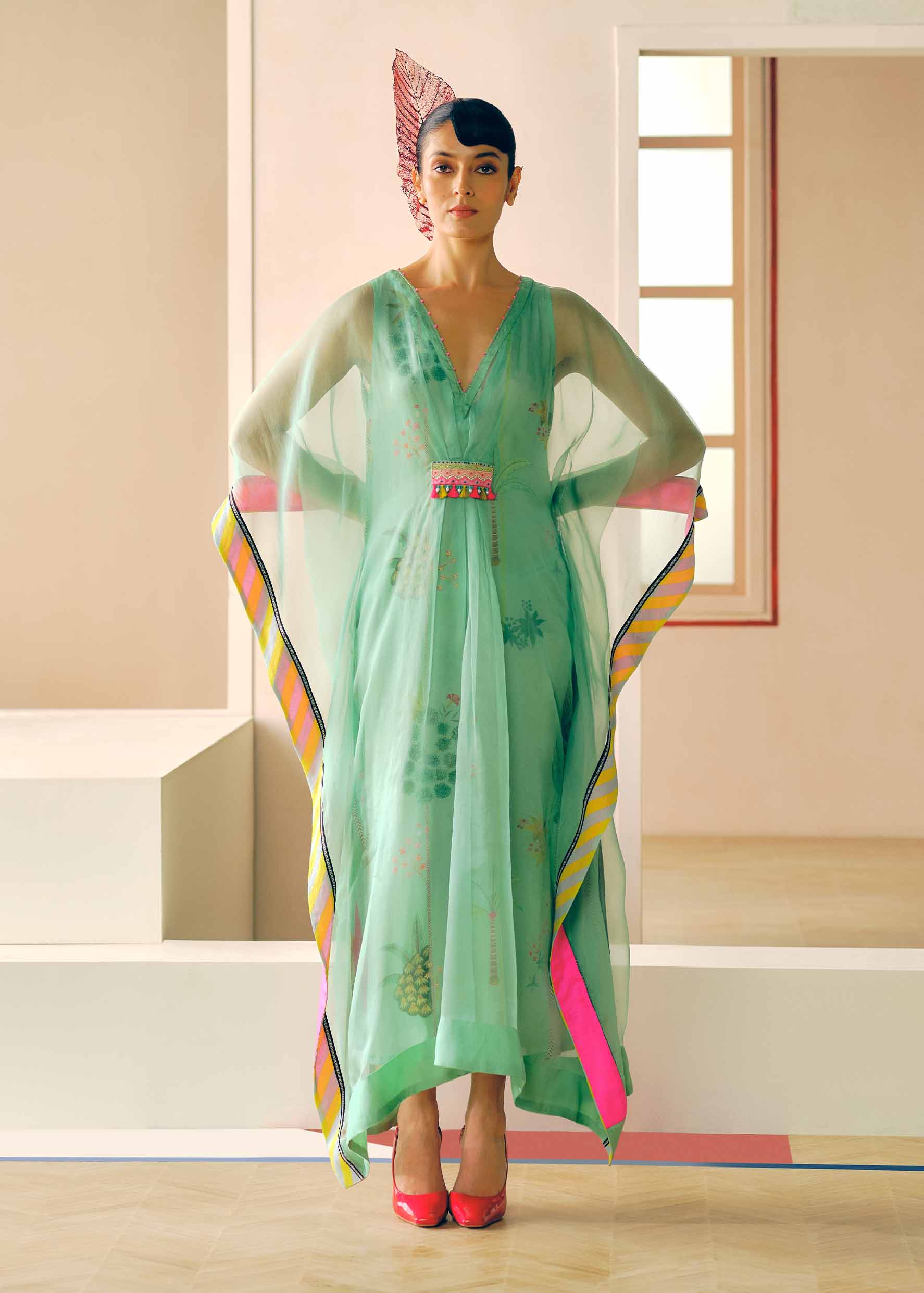 Zyra Powder Blue Organza Belt Kaftan Dress