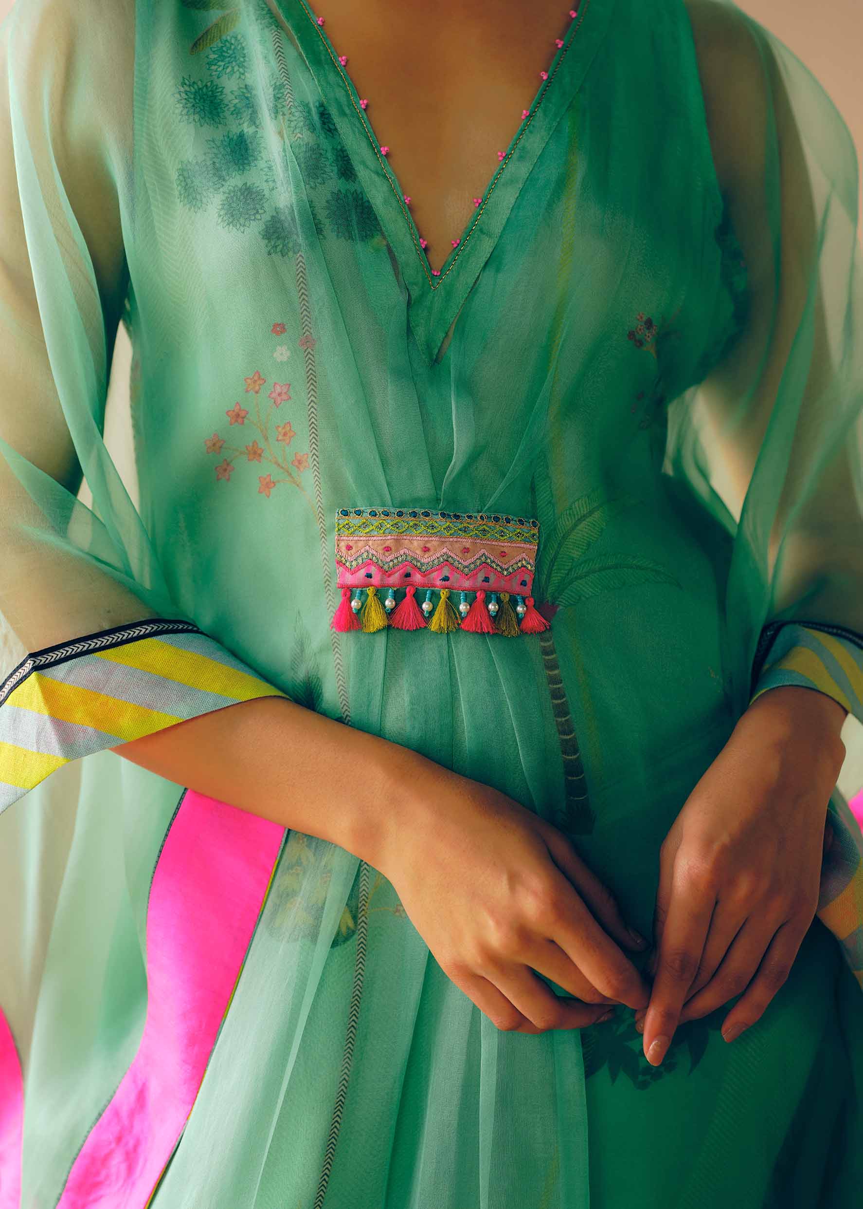 Zyra Powder Blue Organza Belt Kaftan Dress