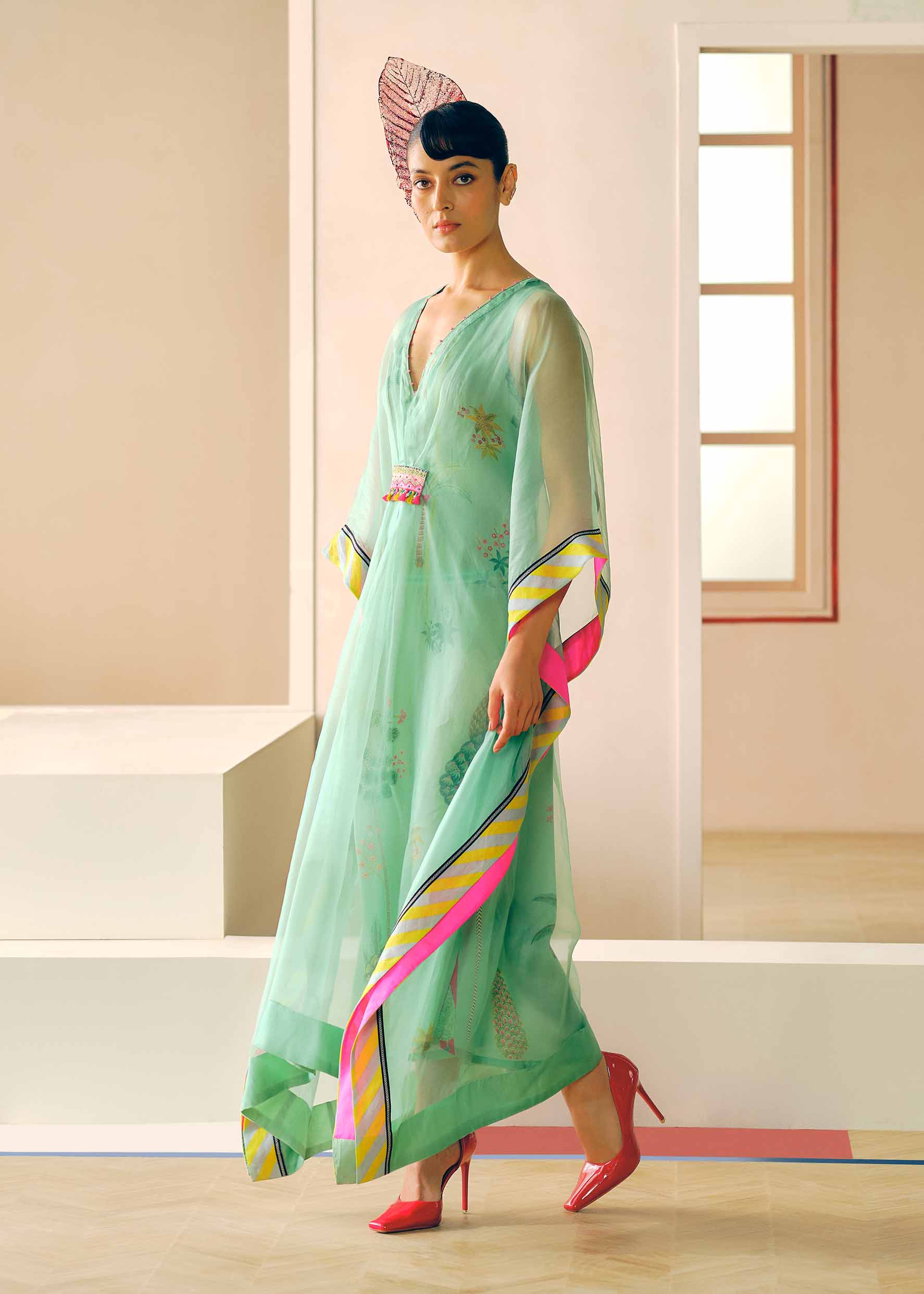 Zyra Powder Blue Organza Belt Kaftan Dress