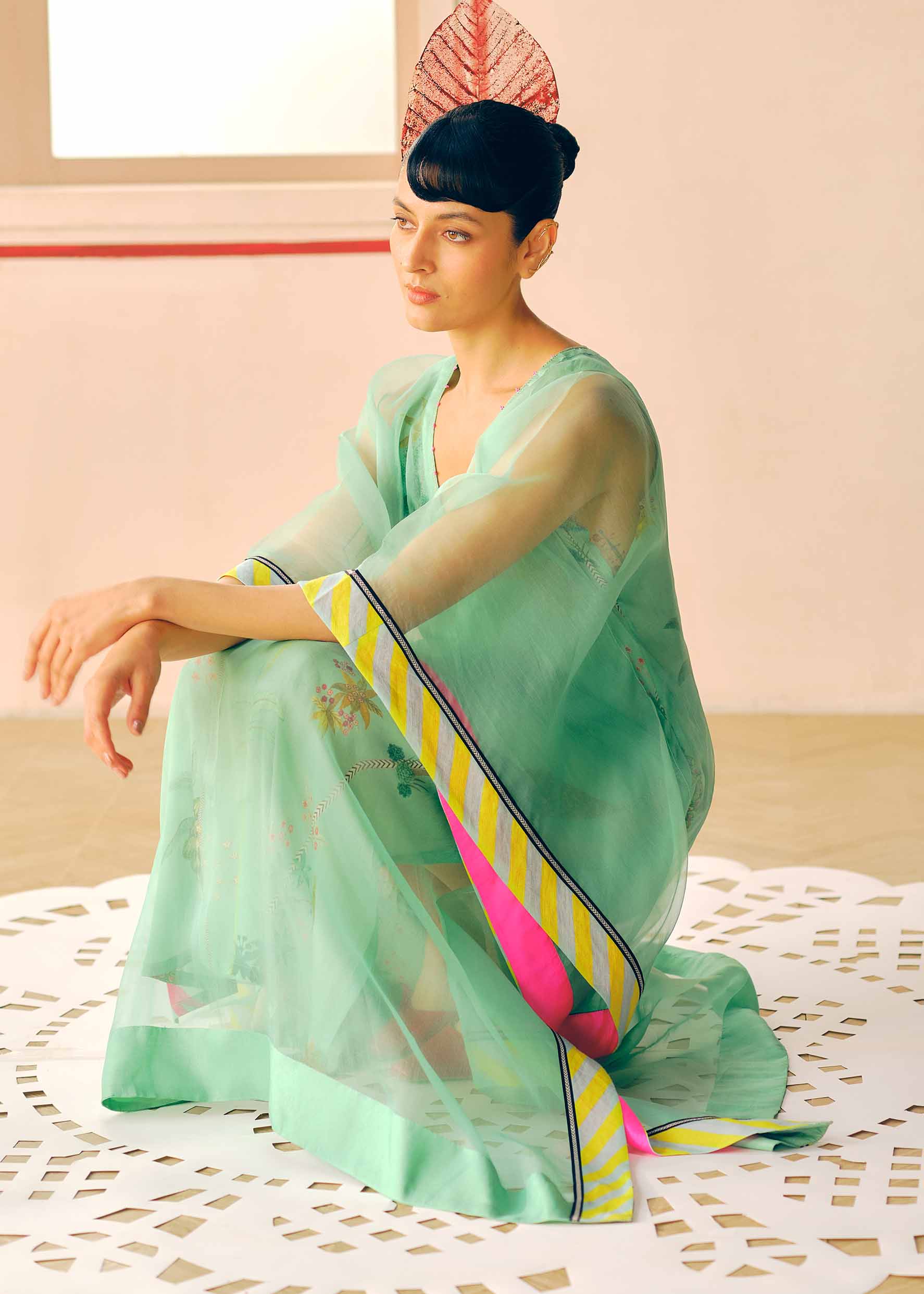 Zyra Powder Blue Organza Belt Kaftan Dress