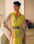 Zyra Sunlit Yellow Printed Crepe Belt Kaftan Dress