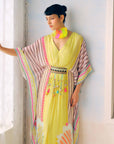 Zyra Sunlit Yellow Printed Crepe Belt Kaftan Dress