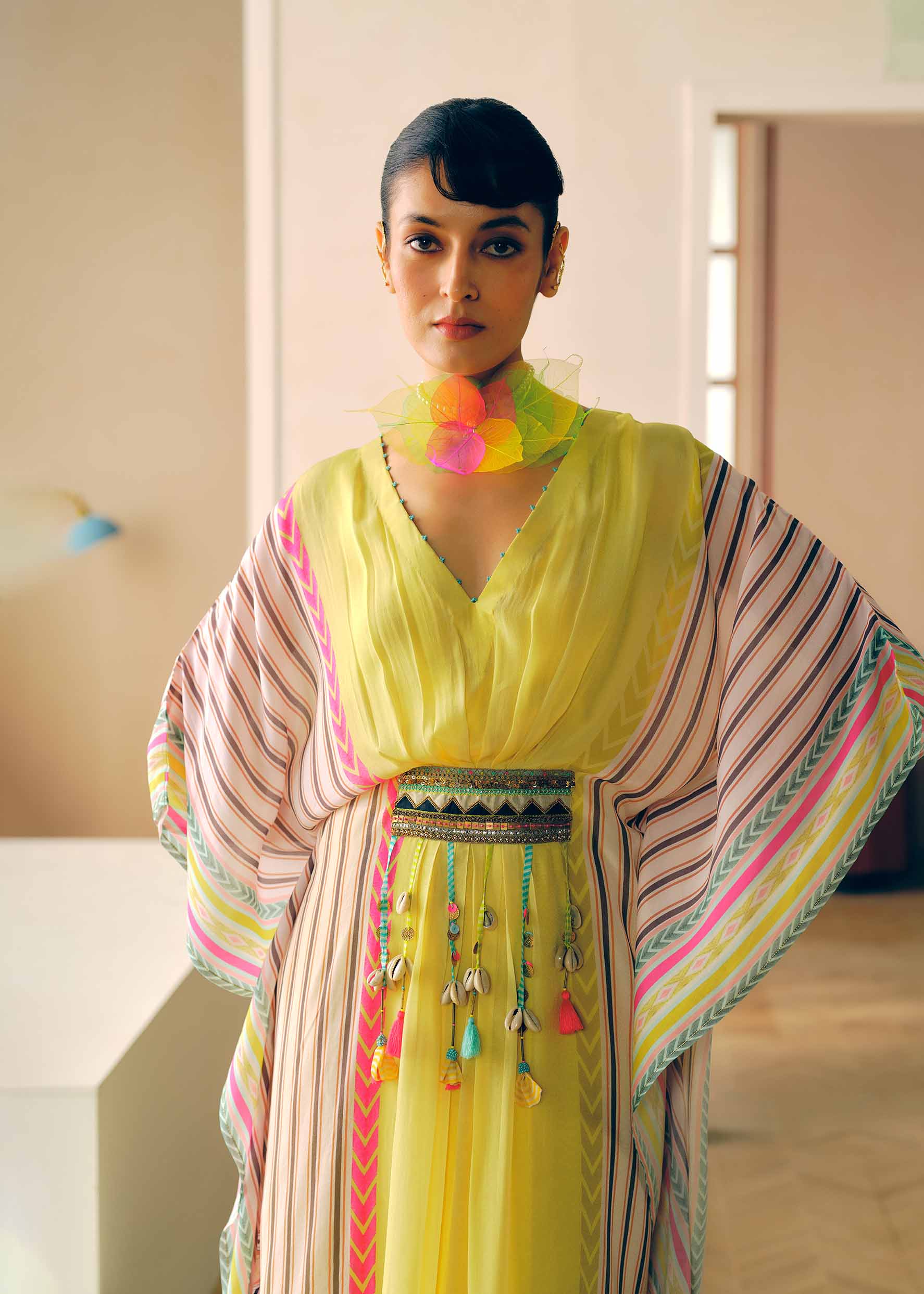 Zyra Sunlit Yellow Printed Crepe Belt Kaftan Dress