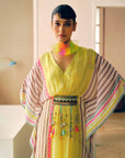 Zyra Sunlit Yellow Printed Crepe Belt Kaftan Dress