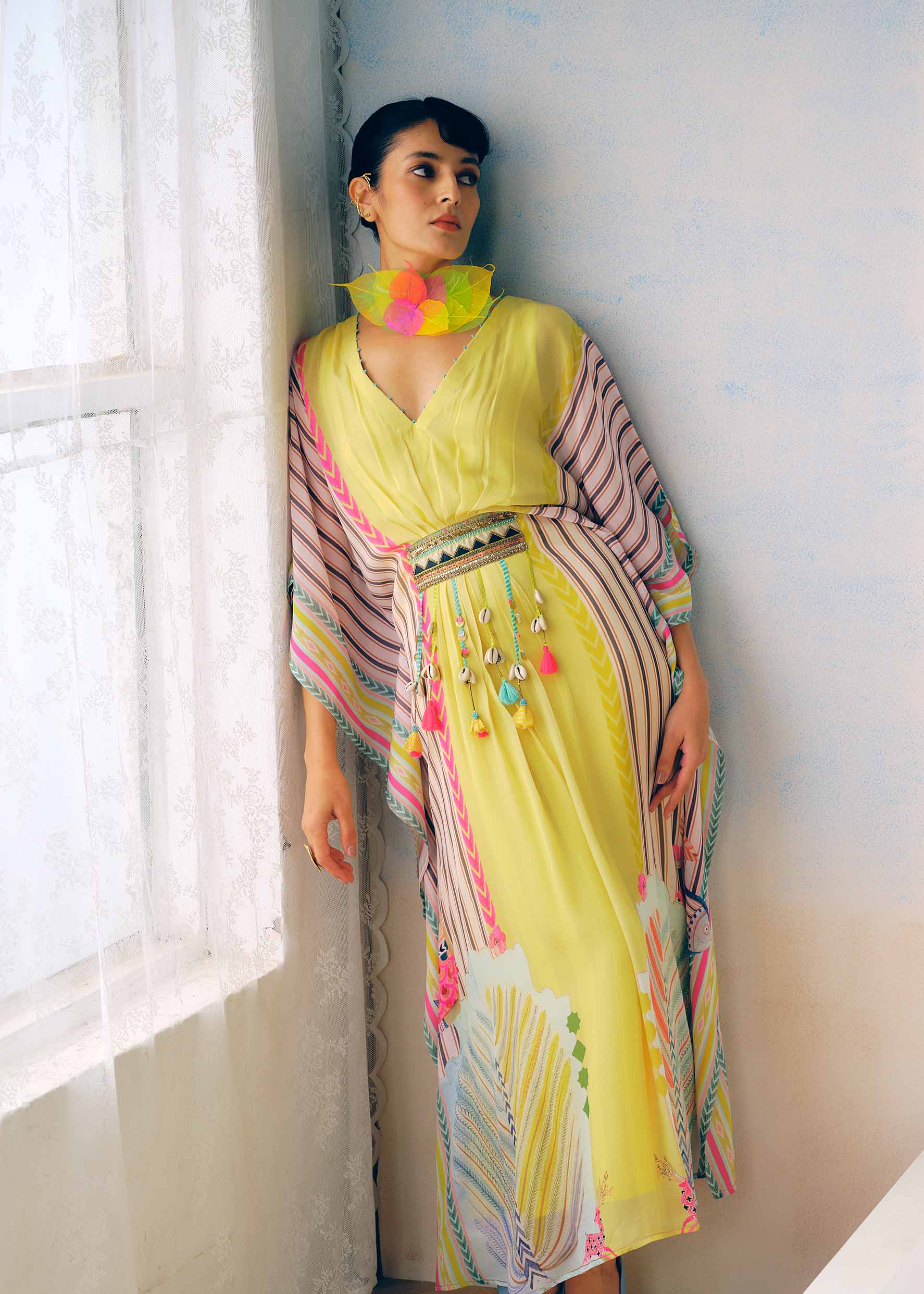 Zyra Sunlit Yellow Printed Crepe Belt Kaftan Dress