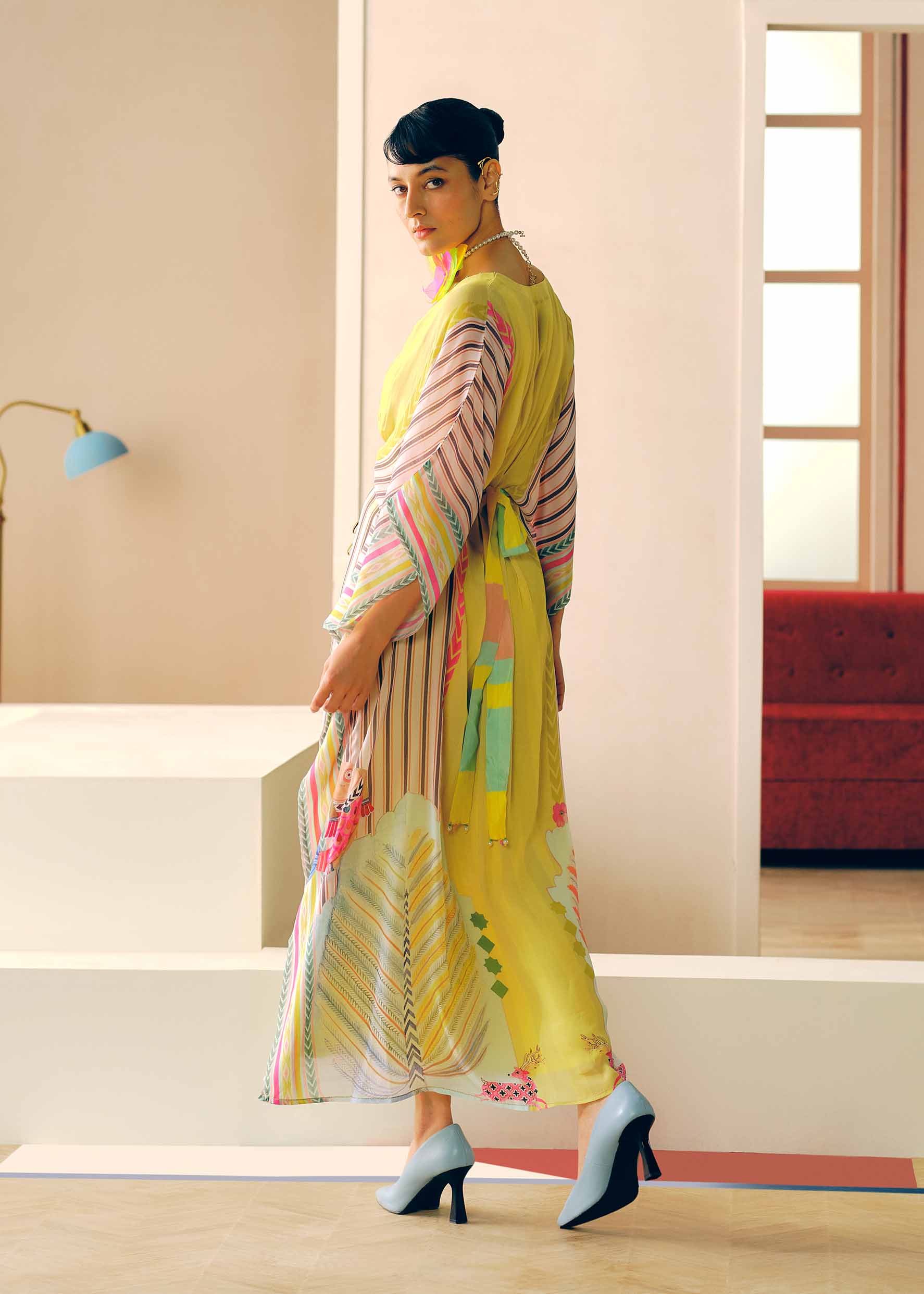 Zyra Sunlit Yellow Printed Crepe Belt Kaftan Dress