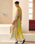 Zyra Sunlit Yellow Printed Crepe Belt Kaftan Dress