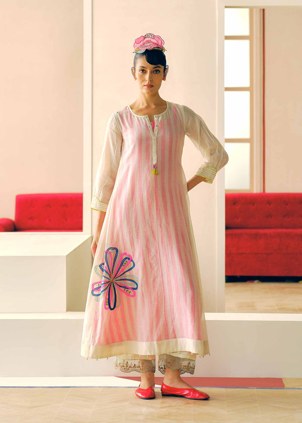 Zyra Ivory - Pink Stripe Big Flower Kurta Set