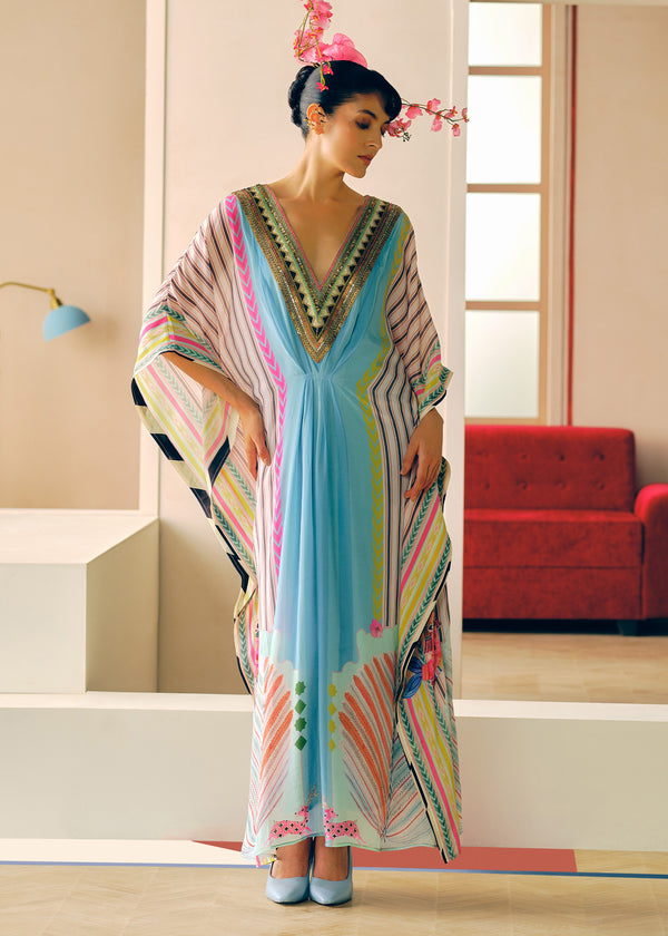 Zyra Ice Blue Printed Crepe Kaftan Dress