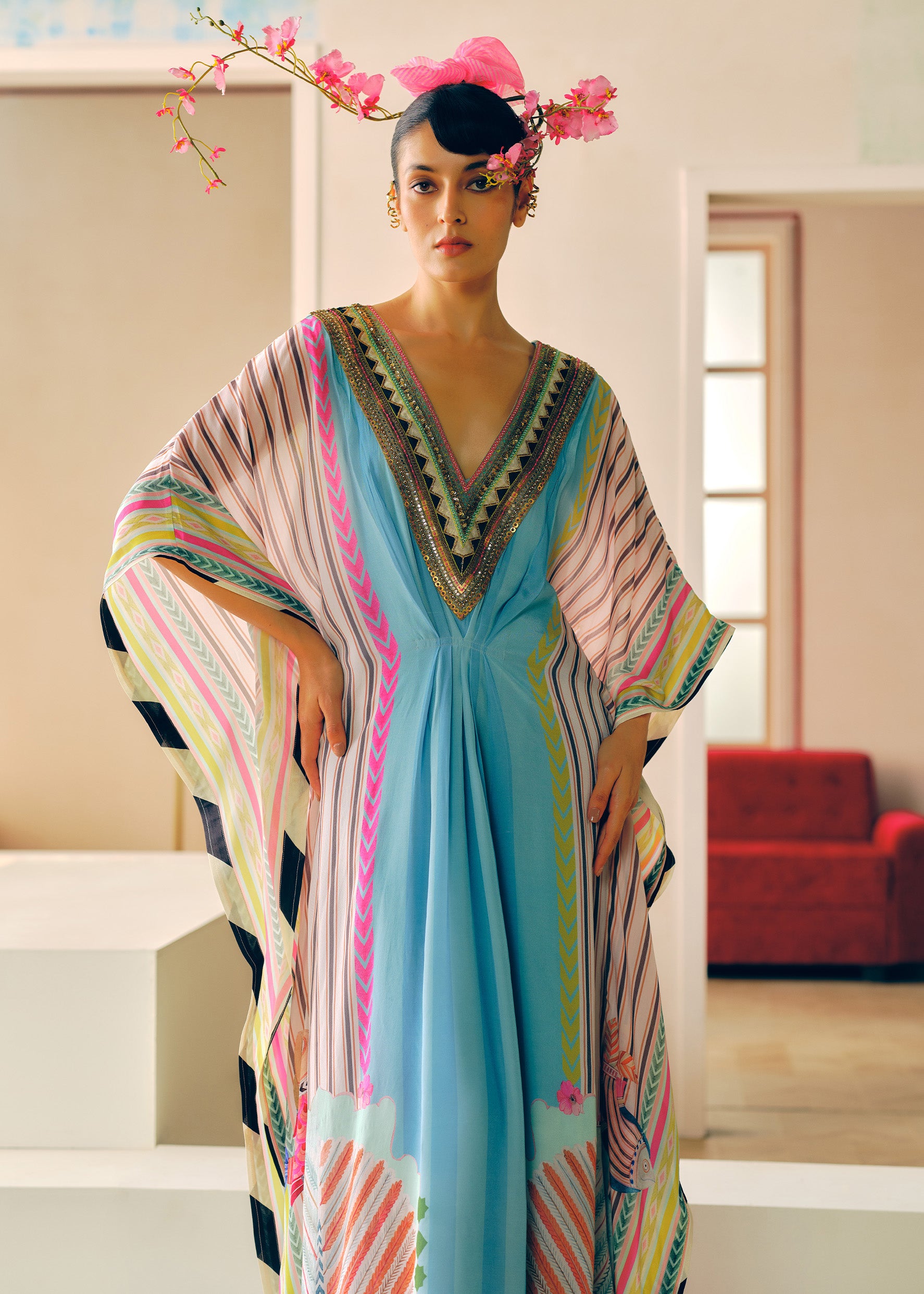 Zyra Ice Blue Printed Crepe Kaftan Dress