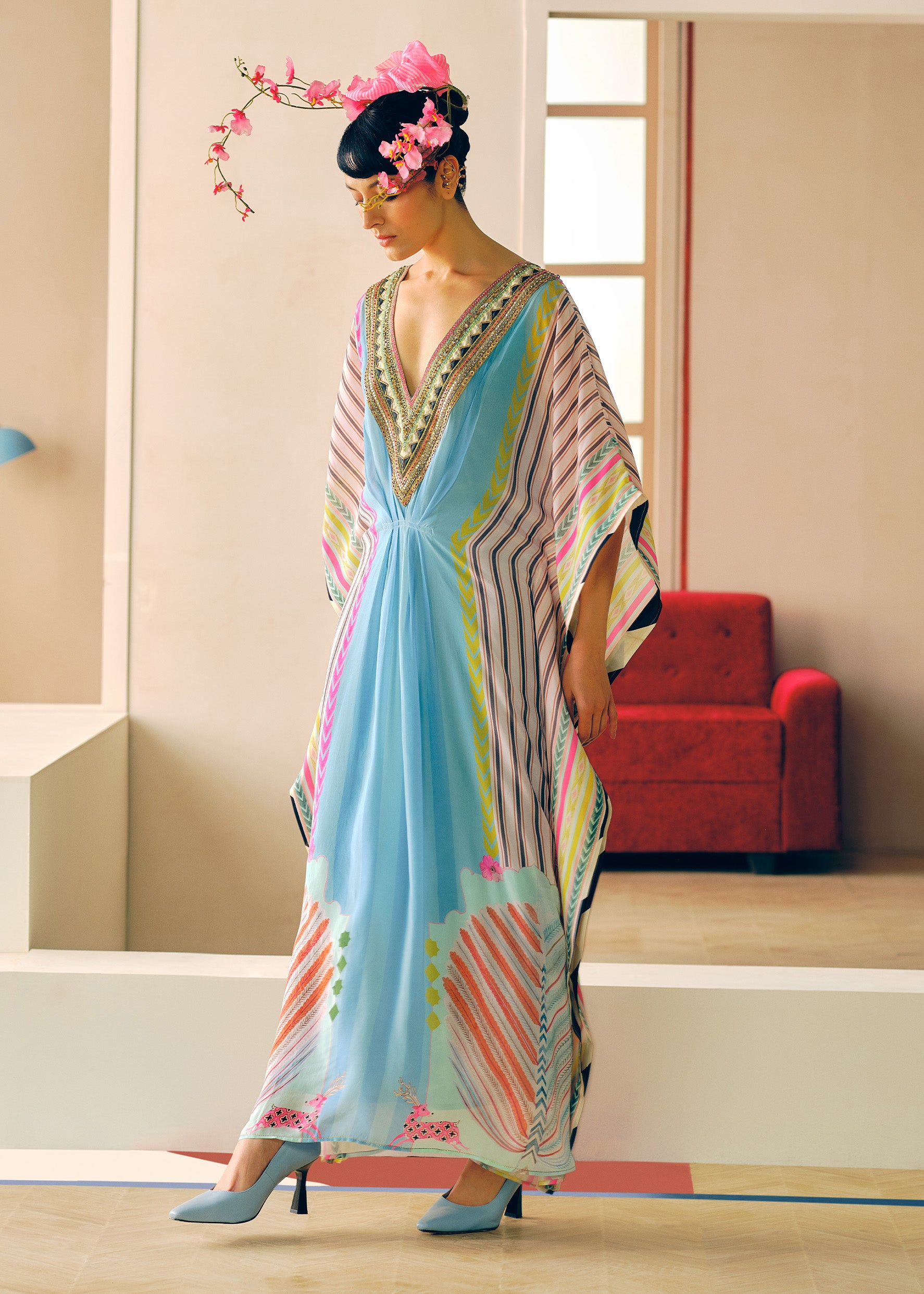 Zyra Ice Blue Printed Crepe Kaftan Dress