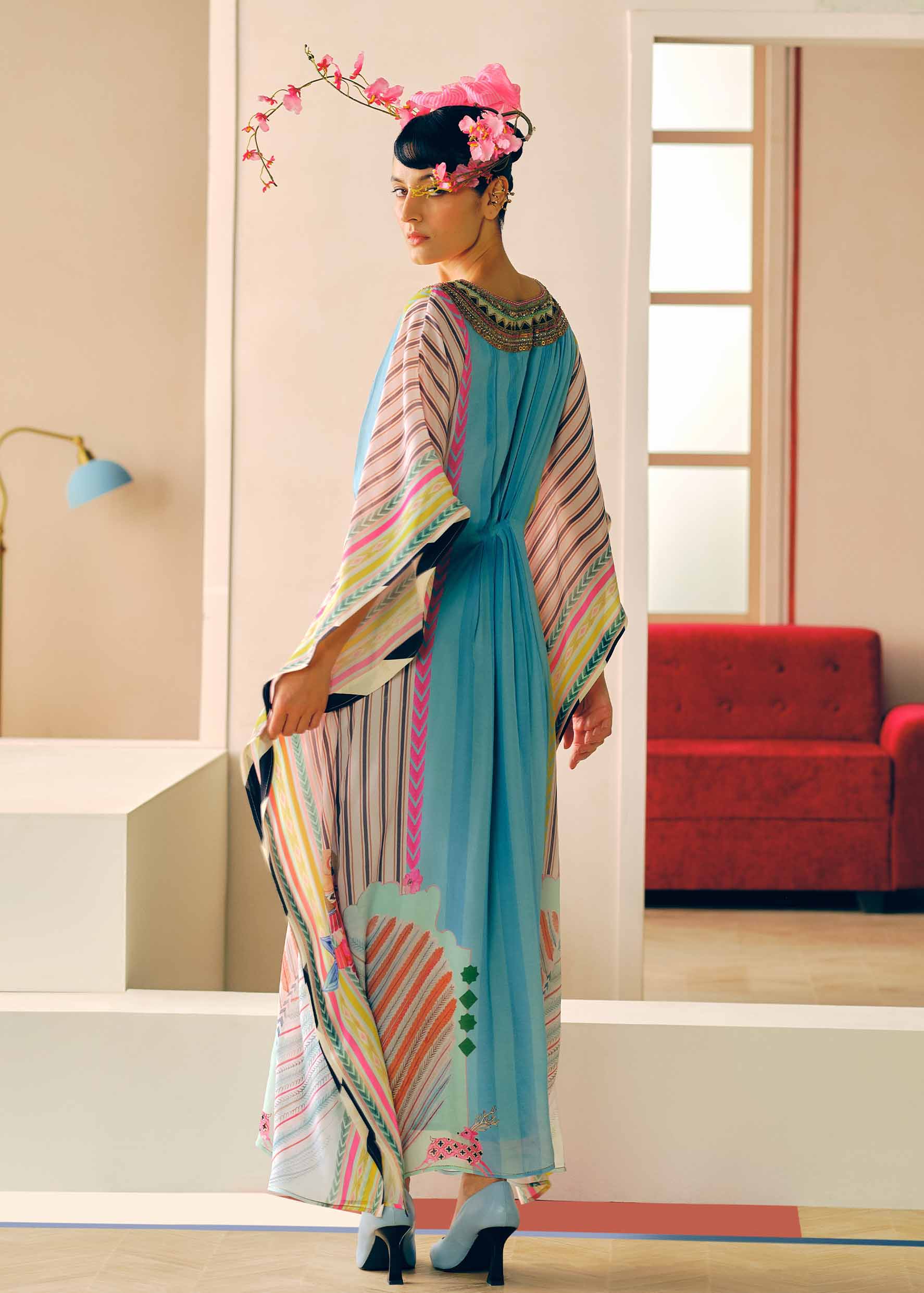 Zyra Ice Blue Printed Crepe Kaftan Dress