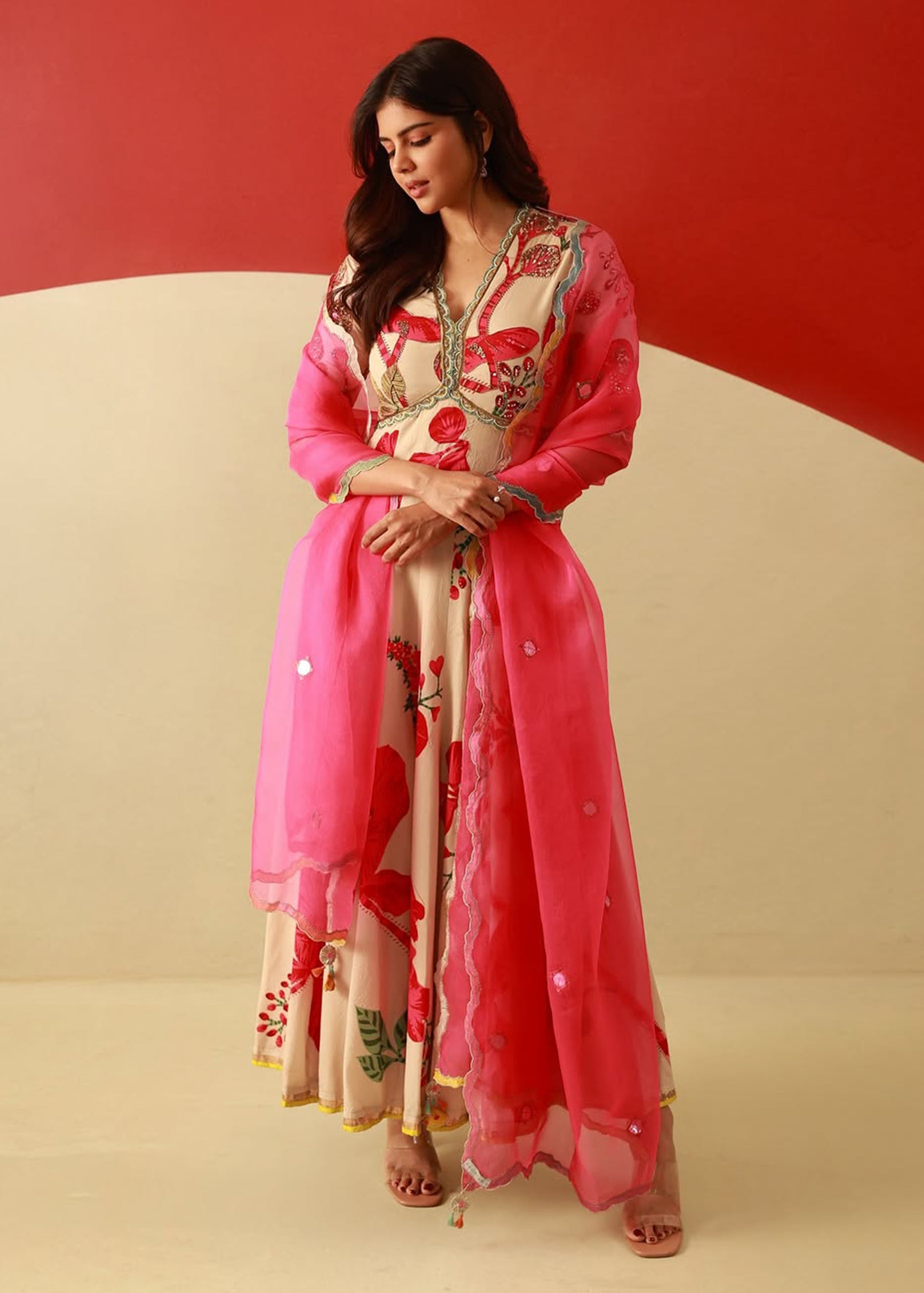 Kalyani Priyadarshan Red And Ivory Anarkali Set