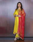 Nadira Lime Yellow Silk Madhuri Dixit Butti Back Yoke Kurta Set