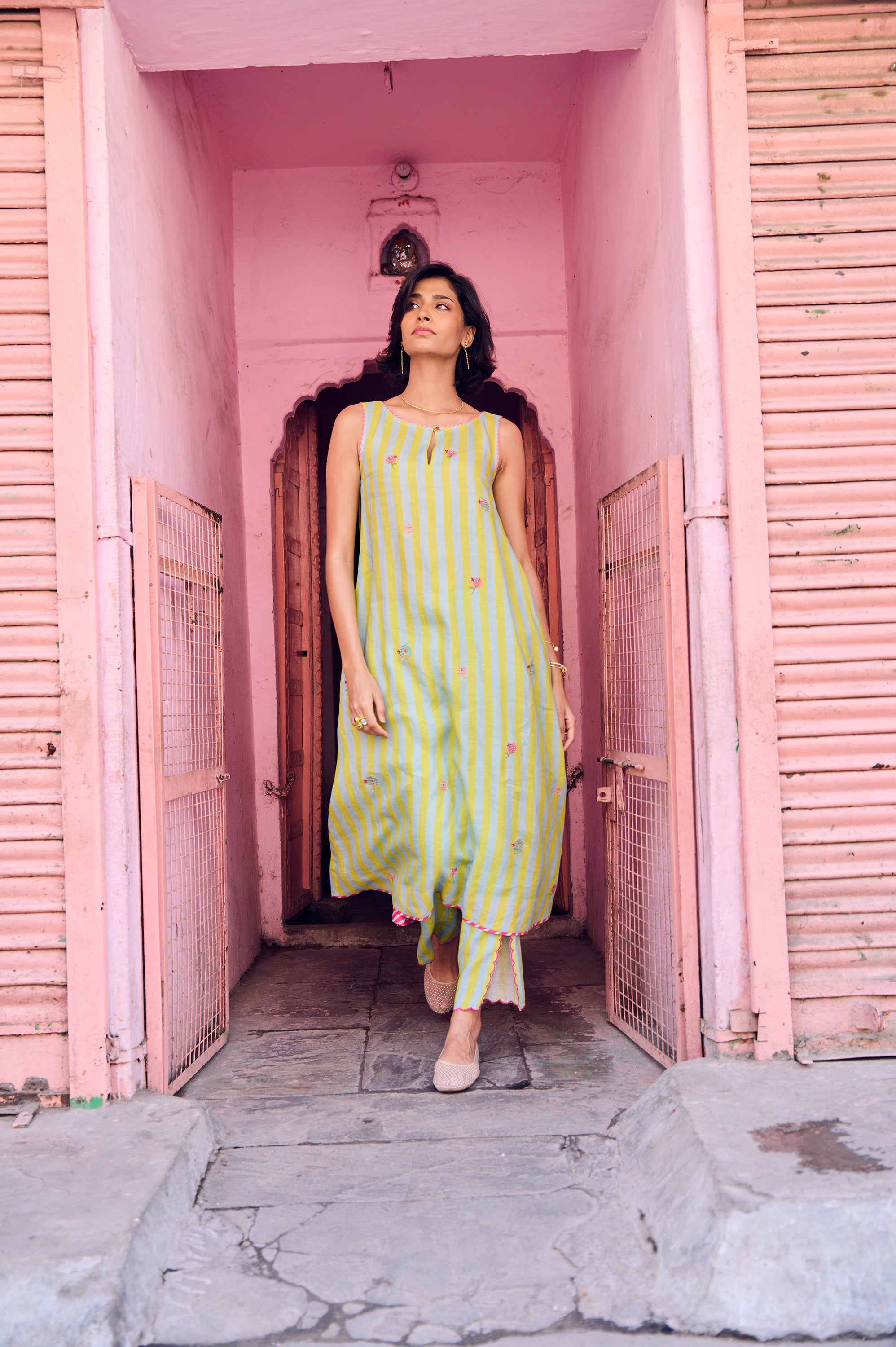 Safar Stripe Embroidered A-Line Kurta Set