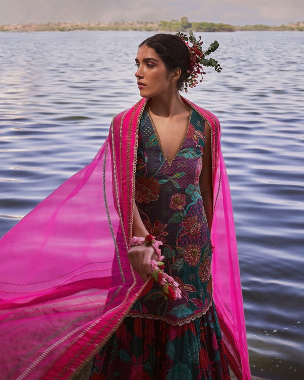 Gul Teal Floral Crepe Gharara Set