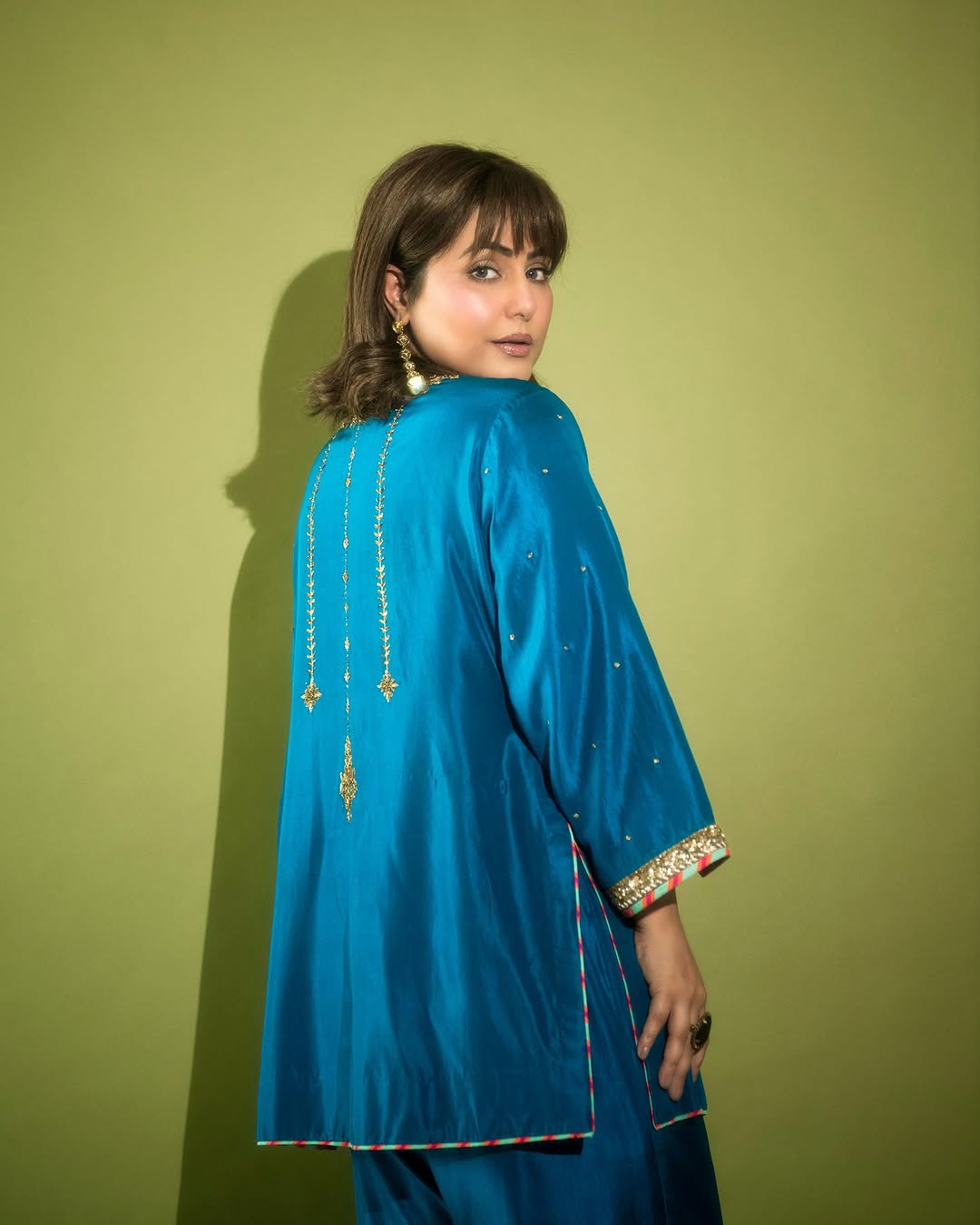 Hina Khan Teal Blue Silk Antique yoke Kurta Set