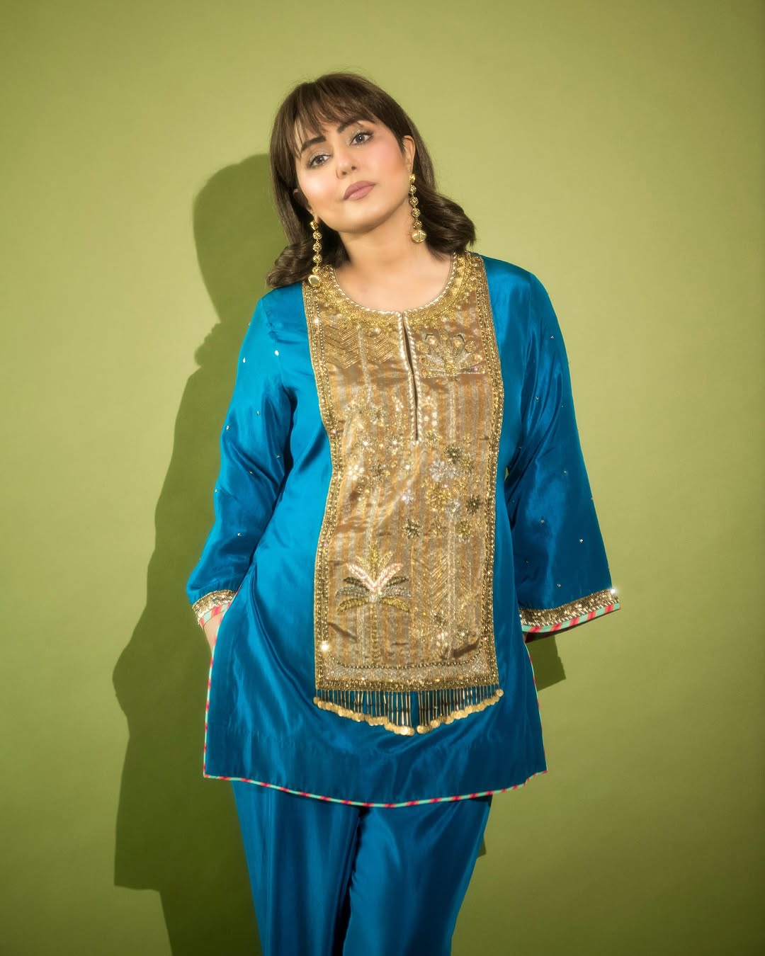 Hina Khan Teal Blue Silk Antique yoke Kurta Set