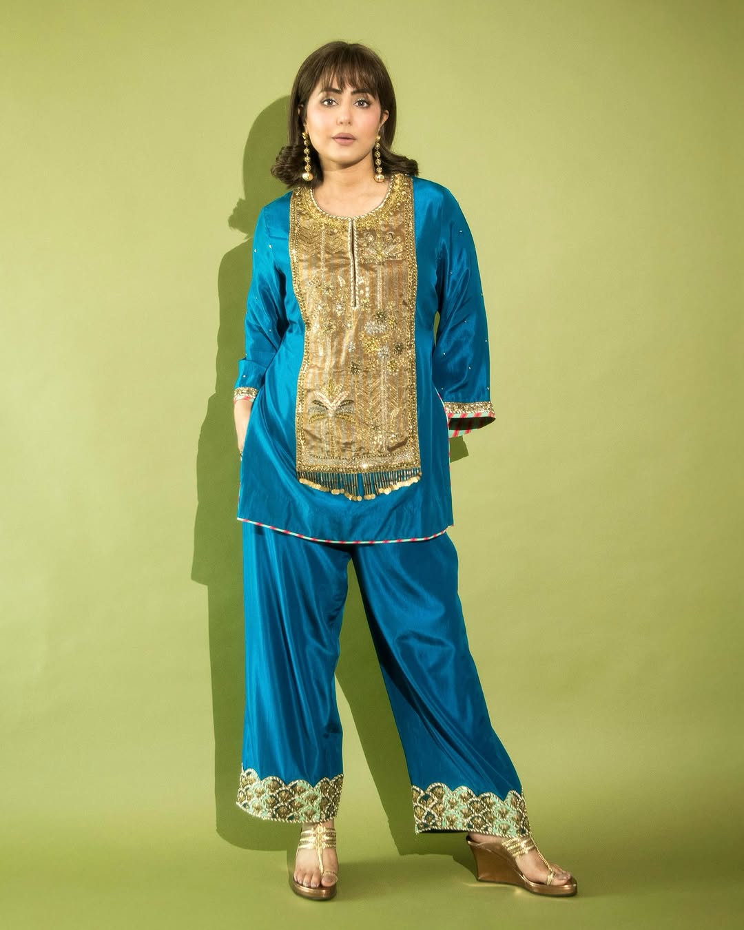 Hina Khan Teal Blue Silk Antique yoke Kurta Set