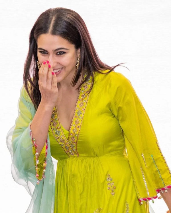 Sara Ali Khan Bright Green Side Kali Kurta Set