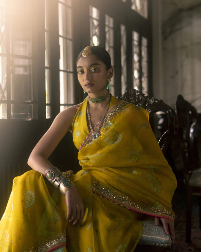 Fariba Lime Yellow Sequin Printed Organza Sari Set