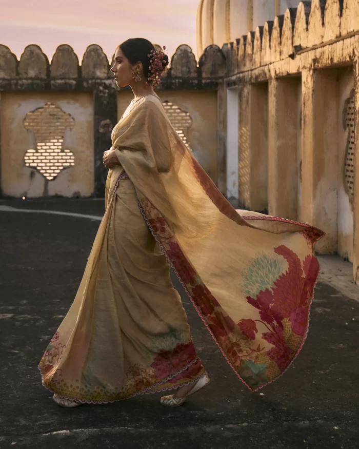 Gul Ivory Floral Tissue Sari